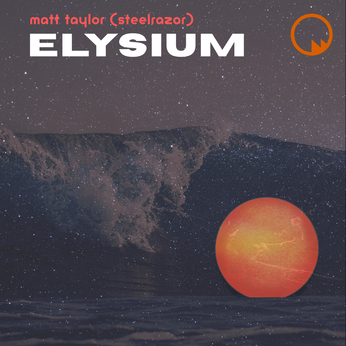 A dark image of an orange sphere with a big crashing wave behind it.